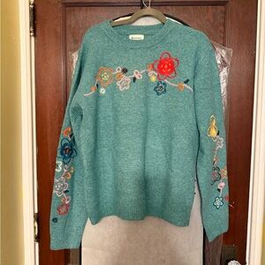 Floral Embroidered Teal Sweater